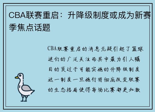 CBA联赛重启：升降级制度或成为新赛季焦点话题